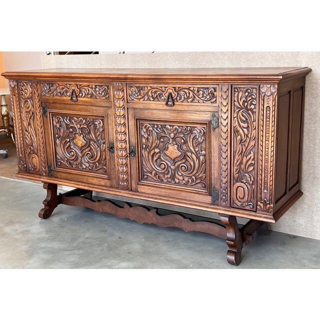 French Country 20th Century Catalan Spanish Large Buffet With Two Carved Drawers and Two Doors For Sale - Image 3 of 13