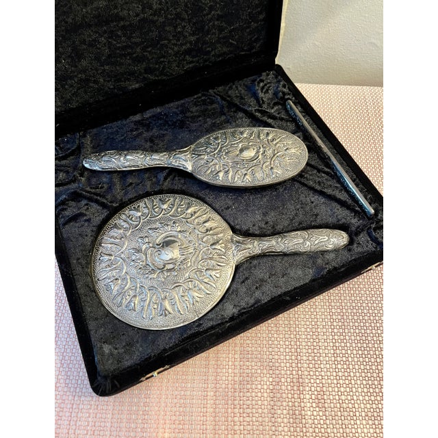 Baroque Vintage Silver-Plate Vanity Set With Comb, Brush and Mirror - 3 Piece Set For Sale - Image 3 of 13