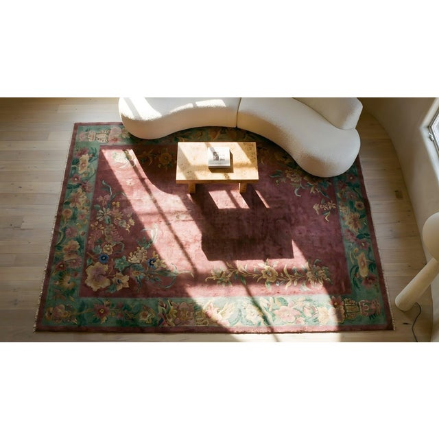 Red 1920s Pink Rose Floral Antique Chinese Art Deco Rug 8'9" X 11'4" Handknotted Wool Carpet For Sale - Image 8 of 10