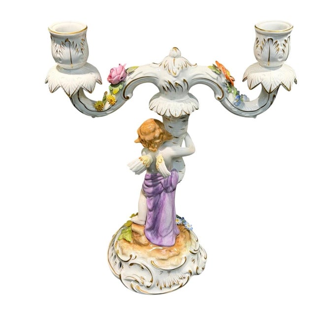 French Country Antique Von Schierholz Germany Hand Painted Porcelain Cherub 2-Light Candelabra For Sale - Image 3 of 15