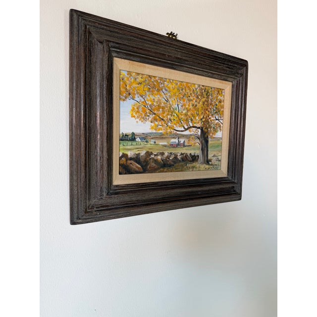 Mid-Century Modern 1970's M. Winters “Wisconsin” Country Farm Landscape Oil on Canvas Board Painting, Framed For Sale - Image 3 of 11