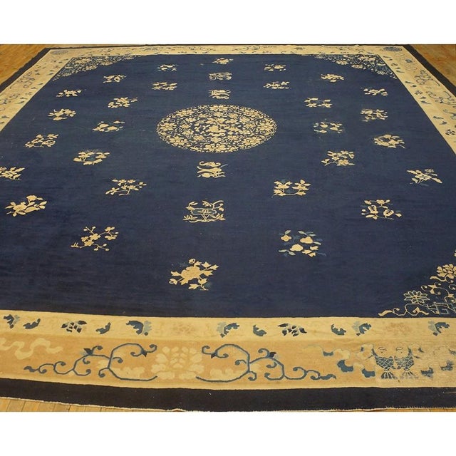 Antique Wool Hand Knotted Pile Blue 1900s Rug, Circa Date: 1900s. This exceptional example of early 20th-century weaving...