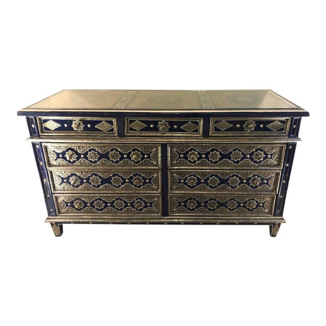Handmade Moroccan Blue Sideboard Or Chest Silver Metal And Copper