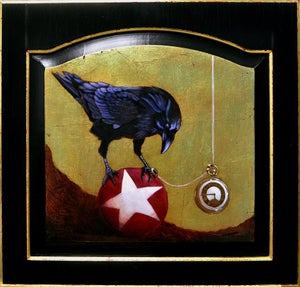 Fire in Which We Burn by Tammi Otis | Oil Painting of a crow balancing on a red ball