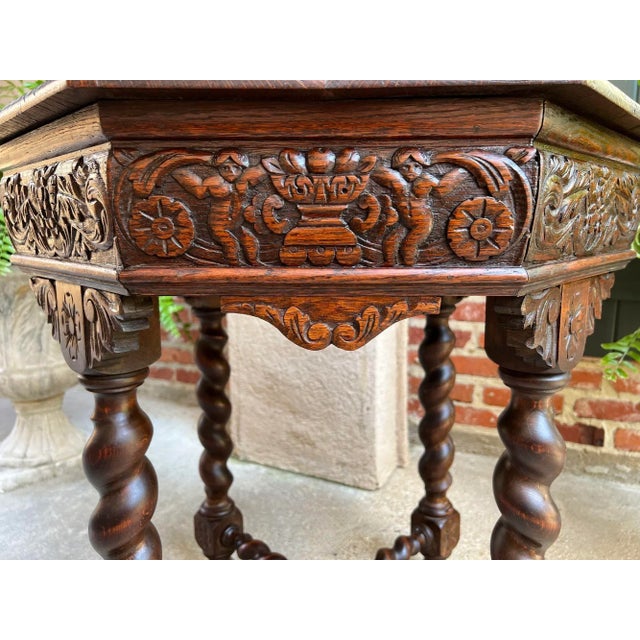 Brown Antique French Octagon Sofa Table Carved Oak Barley Twist Louis XIII Renaissance For Sale - Image 8 of 12