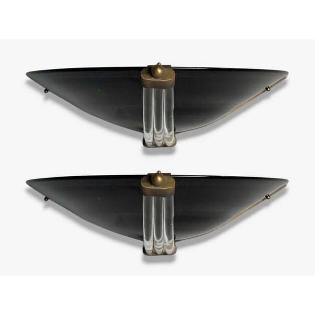 Pair of Italian Modern, Black Murano Glass, Brass, Large Sconces, Italy, 1930s For Sale - Image 4 of 8