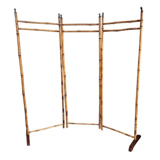 19thc French Antique Chinoiserie Tortoise Shell Pyrography Bamboo Campaign 3 Panel Room Dividing Screen / Linen Fabric Paneled For Sale