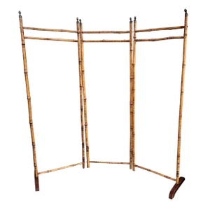 19thc French Antique Chinoiserie Tortoise Shell Pyrography Bamboo Campaign 3 Panel Room Dividing Screen / Linen Fabric Paneled
