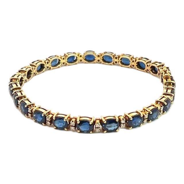 Gia Certified 18k Yellow Gold Diamond & Sapphire Tennis Bracelet - 7in For Sale