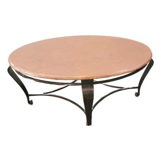Hand Hammered Copper Coffee Table With Wrought Iron Base For Sale