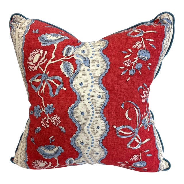 Red French Floral Print Pillow For Sale