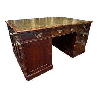 Antique Mahogany English Tooled Leather Top Partner Desk For Sale
