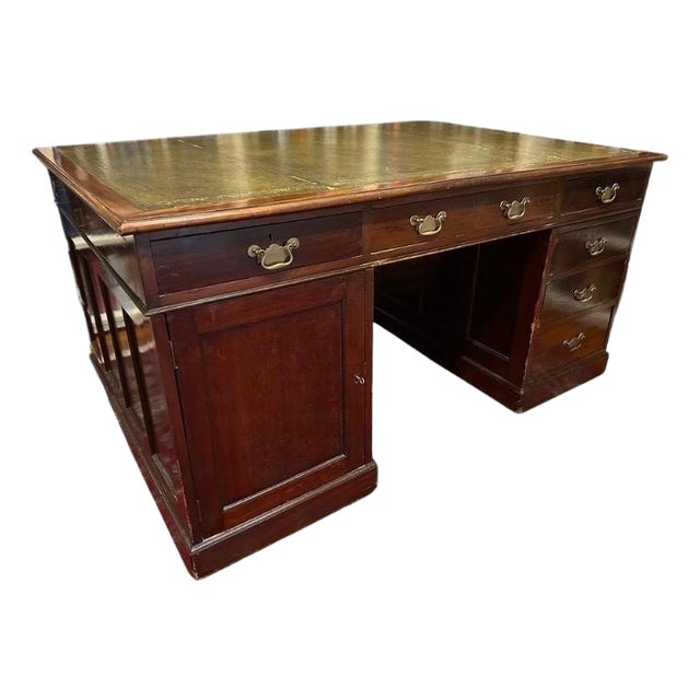 Antique Mahogany English Tooled Leather Top Partner Desk For Sale