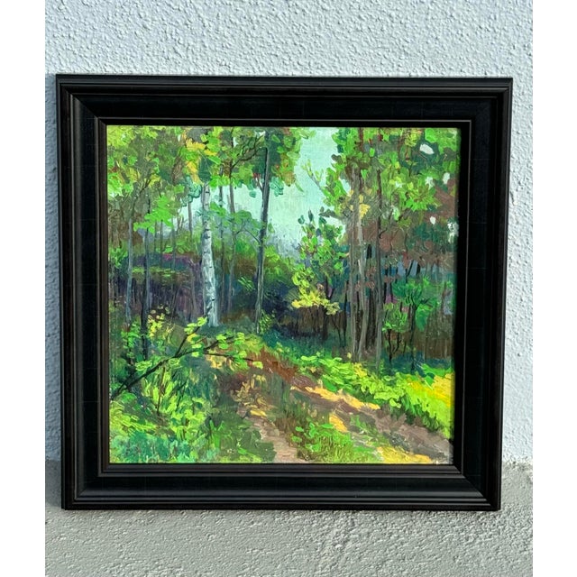 Wood Late 20th Century Original Vintage Impressionistic Painting of a Forest Path For Sale - Image 7 of 7