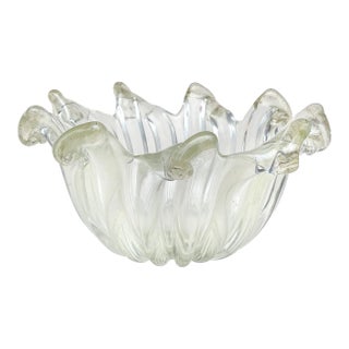 Vintage Barovier Toso Murano Iridescent Gold Flecks Italian Art Glass Scissor Cut Rim Bowl Catchall For Sale