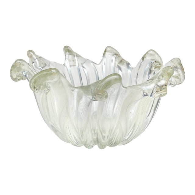 Vintage Barovier Toso Murano Iridescent Gold Flecks Italian Art Glass Scissor Cut Rim Bowl Catchall For Sale