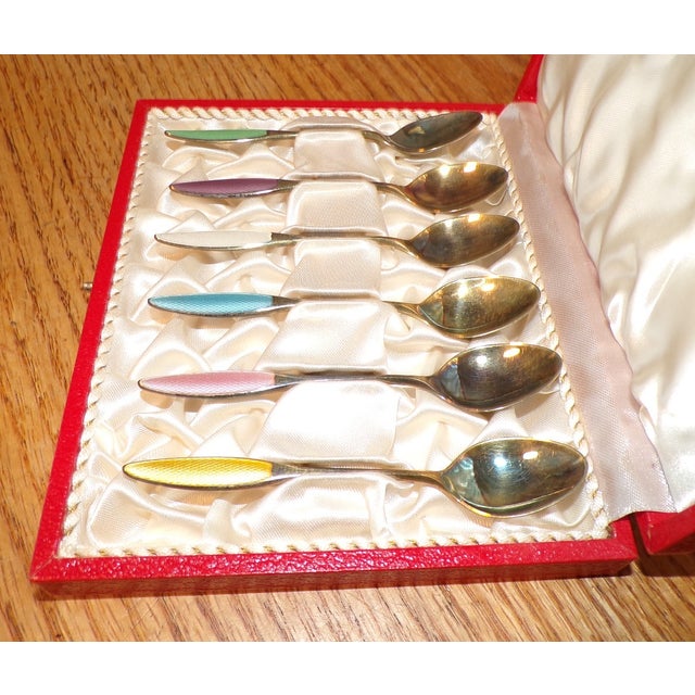 1960s Box of 6 Frigast Sterling Silver Demitasse Spoons Set, Gold Wash, Guilloche Enamel For Sale - Image 6 of 6