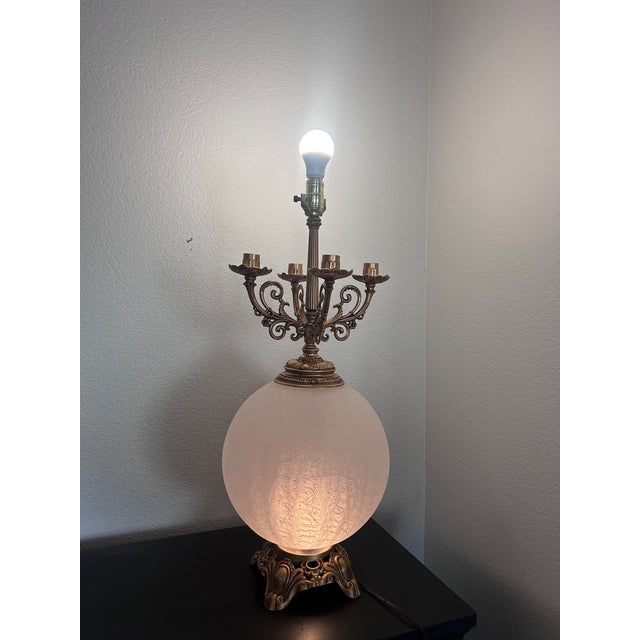 1960s Hollywood Regency Candelabra Table Lamp With Frosted Crackle Glass Globe For Sale - Image 10 of 10