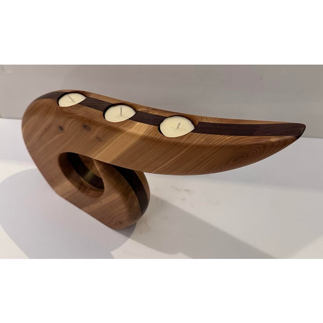 Contemporary Two-Tone Wood Carved Tea Light Candle Holder For Sale - Image 3 of 9