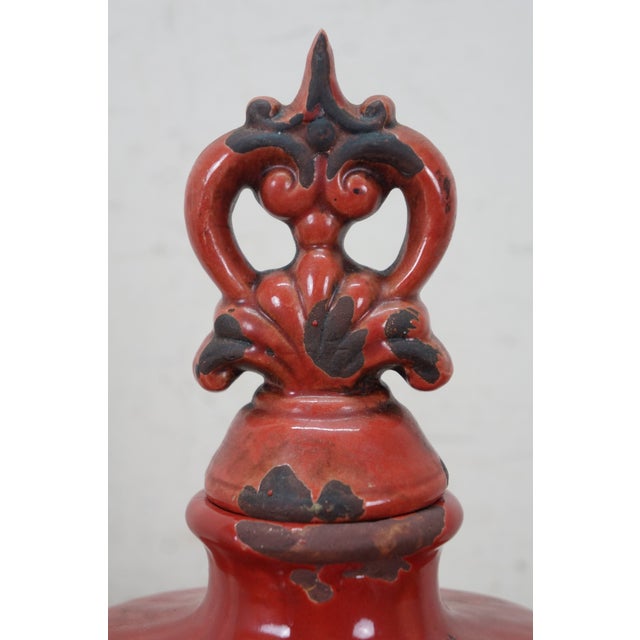 2010s JCPenney Imax Distressed Red Ceramic Lidded Mantel Vase Urn Bottle 18" For Sale - Image 5 of 14
