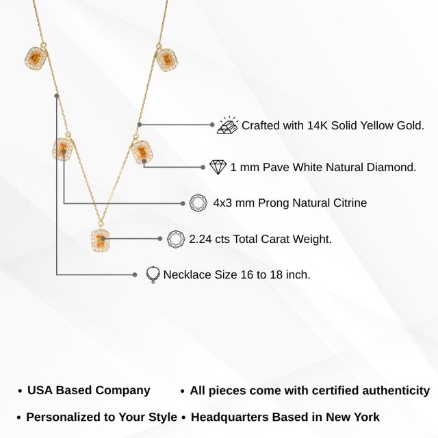 Modern 2.24ct Citrine & Diamond Halo Station Charm Necklace in 14k Yellow Gold For Sale - Image 12 of 18