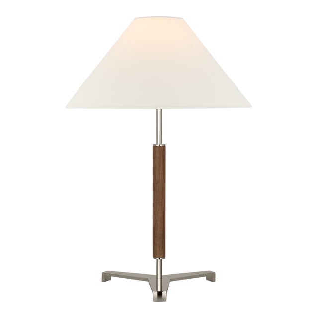 Ray Booth by Visual Comfort Signature Amaya 20" Table Lamp in Polished Nickel and Walnut with Linen Shade For Sale