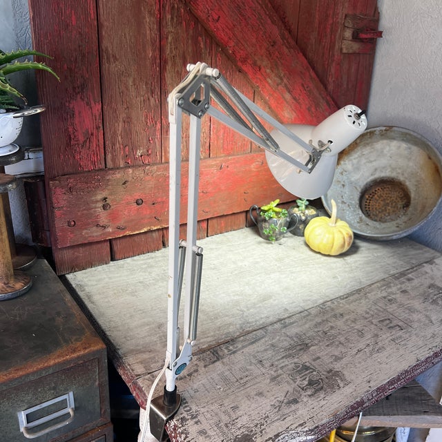 Vintage White Adjustable Desk Lamp With Clamp Base & Spring Arm Industrial Style Lighting For Sale - Image 14 of 14