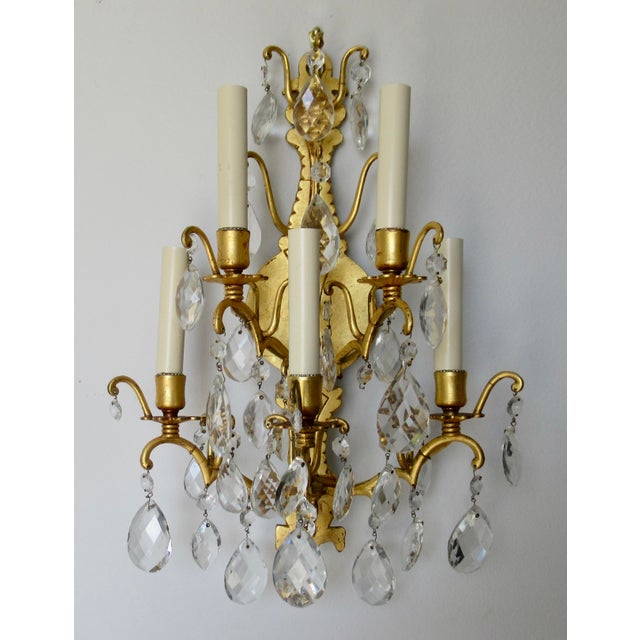 Gold Late 19th Century French Victorian -Style, Gilded Gold & Crystal Drop 5--Candelabra Wall Light Sconces - Pair For Sale - Image 8 of 17