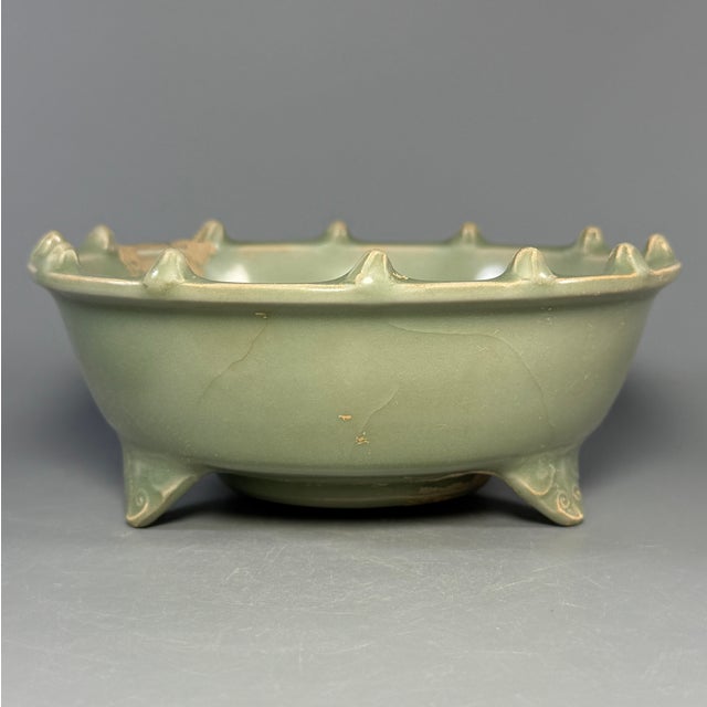 Chinese Antique Chinese Celadon Tripod Bowl With Interior Relief, Collectible Antique For Sale - Image 3 of 5