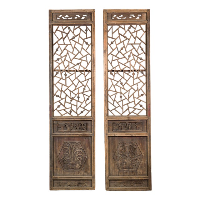 Pair of Chinese Hand-Carved Lattice Architectural Panels, circa 1900 For Sale