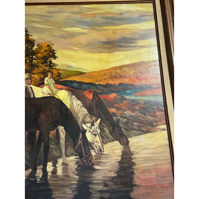 Wood Vintage Signed “Bell” American West Large Painting on Canvas- Watering the Horses For Sale - Image 7 of 12