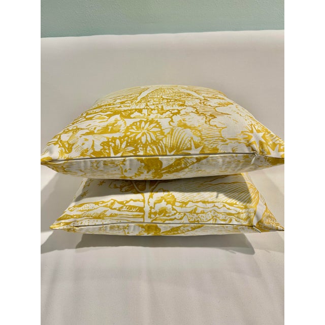 Contemporary Custom Schumacher “Modern Toile” Yellow 18” Pillows With Down Inserts - A Pair For Sale - Image 10 of 10