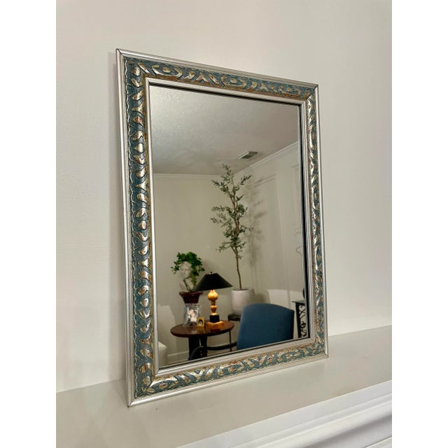 Traditional Silver Ornate Wall Mirror With Teal & Terra Cotta Underlay For Sale - Image 9 of 9