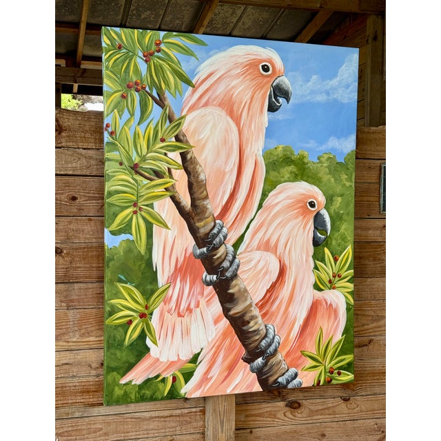 Monumental Vintage Coastal Tropical Unsigned Cockatoo Painting For Sale - Image 12 of 12