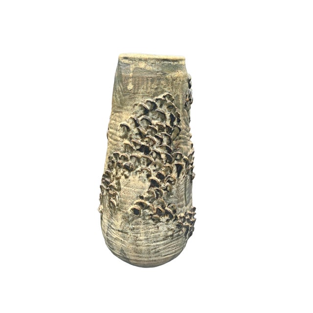 Vintage Pottery Vase Vessel Colors are gray, tan, blue tones. Smooth feel with groves Signed