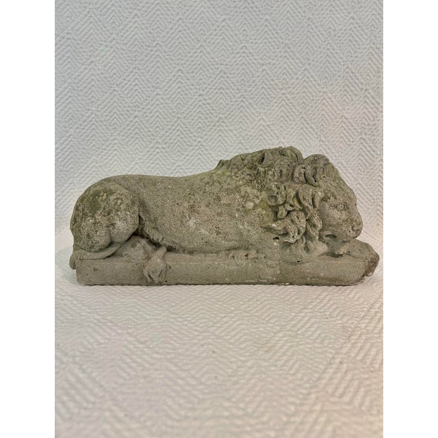Vintage Weathered Concrete Recumbent Lion Garden Sculpture 16.5” For Sale In New Orleans - Image 6 of 10