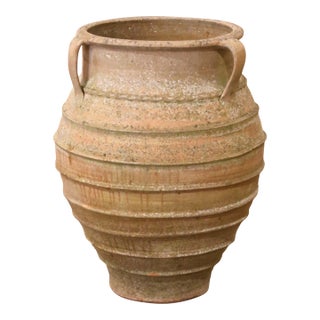 19th Century Italian Three-Handled Ribbed Terracotta Olive Jar For Sale