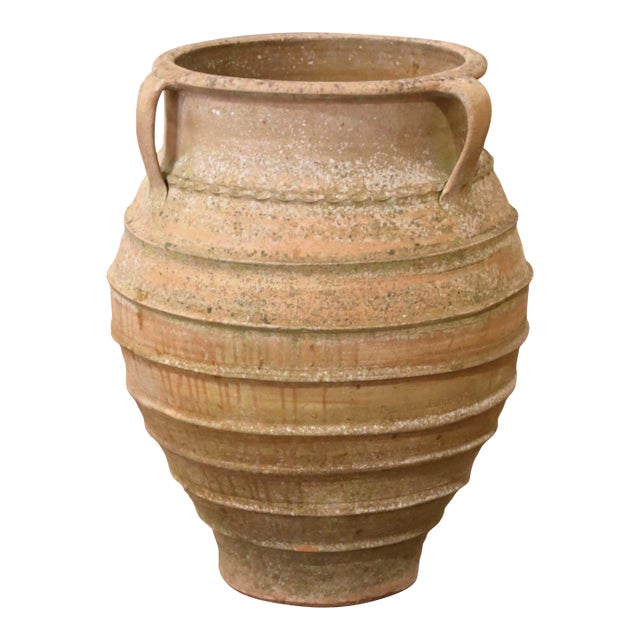 19th Century Italian Three-Handled Ribbed Terracotta Olive Jar For Sale