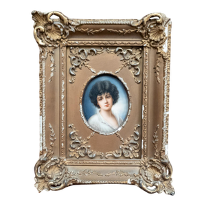 19th Century German Painted Porcelain Plaque Portrait of a Young Boy in Distressed Gold Frame