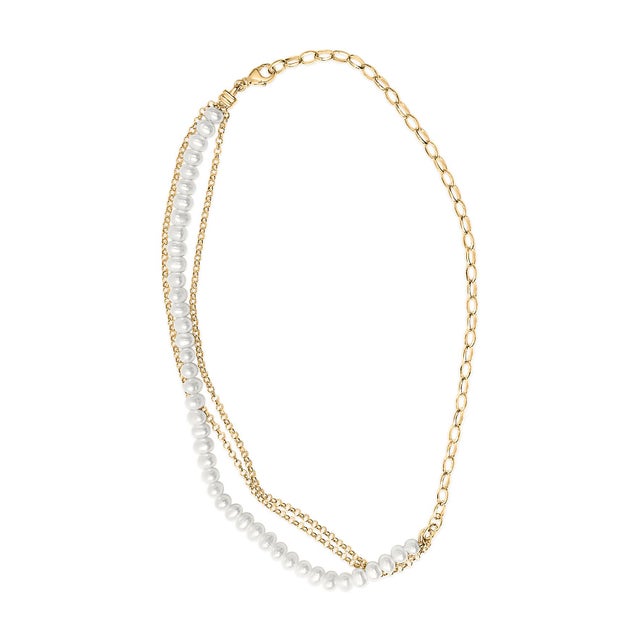 2020s 18K Yellow Gold Vermeil Cultured Pearl Strand Necklace with Rolo and Paperclip Chain For Sale - Image 5 of 5