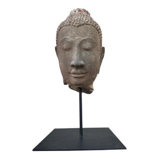 Antique Thai Ayutthaya Style Sandstone Head of Buddha on Metal Stand For Sale
