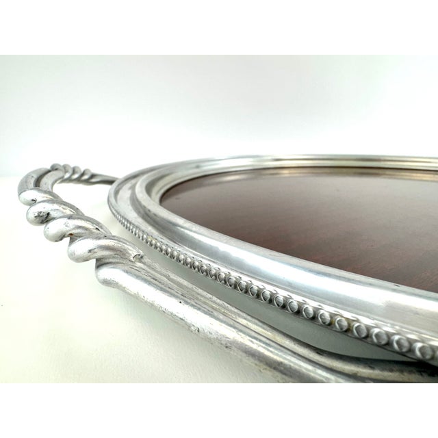 1950s Vintage Large Round Mahogany & Silverplate Serving Tray With Twisted Handles For Sale - Image 5 of 11