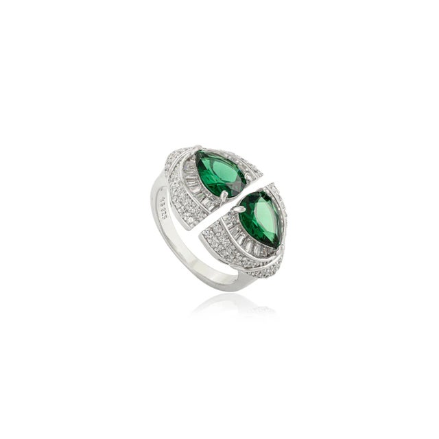 Art Nouveau Sterling Silver Front Open Dinner Ring With Green & White Cz - Size 6 For Sale - Image 3 of 12