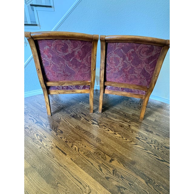 French Provincial Powell Burgundy Tapestry Carved Wood Scroll-Arm Accent Chairs - Pair For Sale - Image 3 of 11