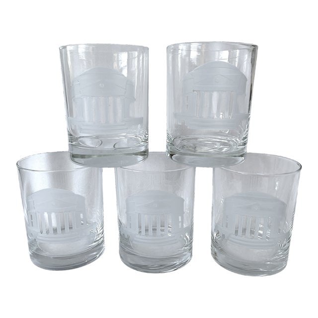 Set of 5 Etched University of Virginia Rotunda Rocks Glasses / Uva Barware Tumblers For Sale