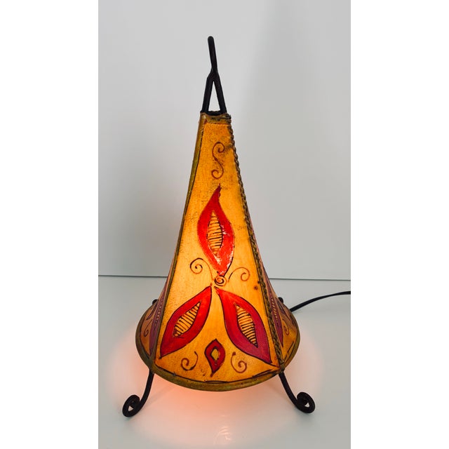 Vintage Moroccan Hand Made Leather Wrought Iron Hanna Dyes Table Accent Lamp For Sale - Image 4 of 11