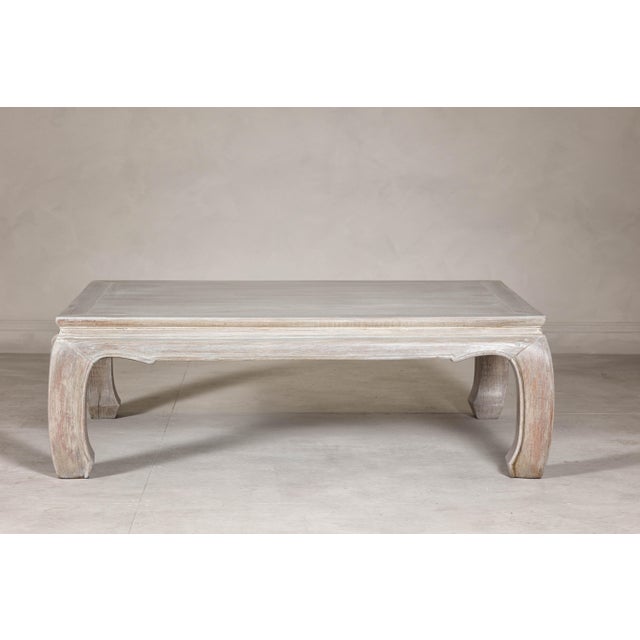 Teak Ming Style Whitewash Coffee Table with Chow Legs and Carved Apron For Sale - Image 4 of 12