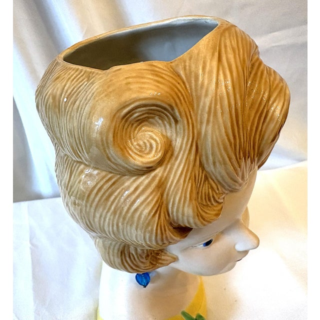 Yellow 1970's Vintage Mid Century Ceramic Lady Head Vase With Dangle Earrings For Sale - Image 8 of 14