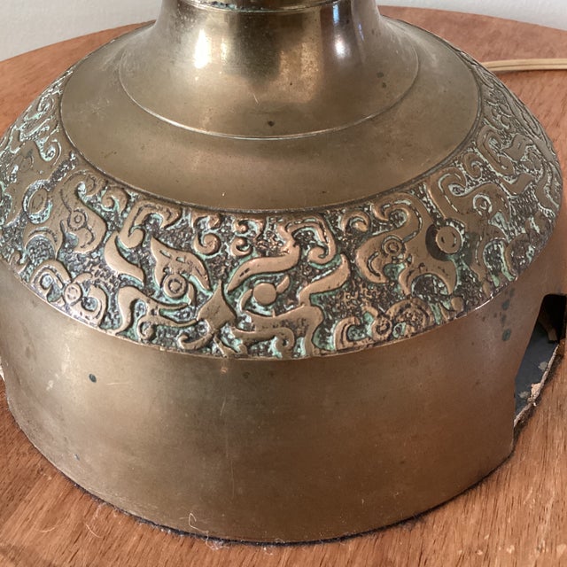 Metal Vintage Asian Inspired La James Mont Style Intricately Carved Heavy Brass Lamp Circa 1940 For Sale - Image 7 of 12