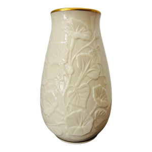 Late 20th Century Lenox Morning Glory Collection Ivory Porcelain Vase With 24k Gold Trim – Embossed Floral Bone China, Made in Usa